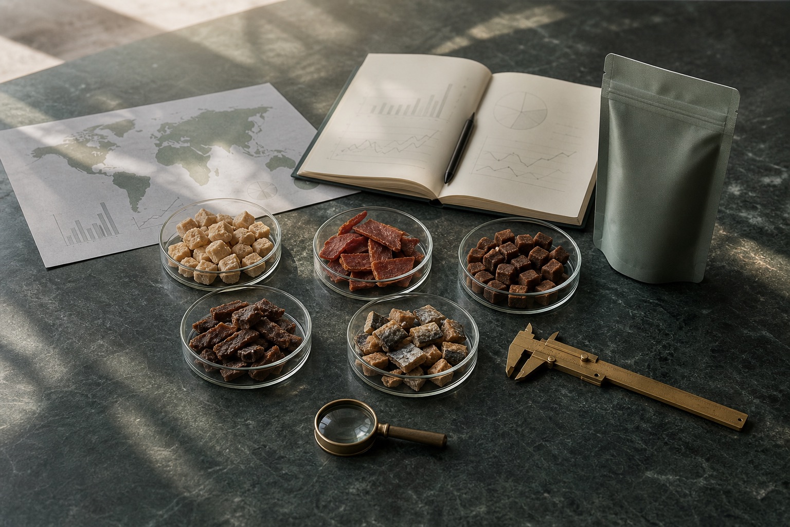 Pet treat market intelligence desk with product samples, research notes and quality tools