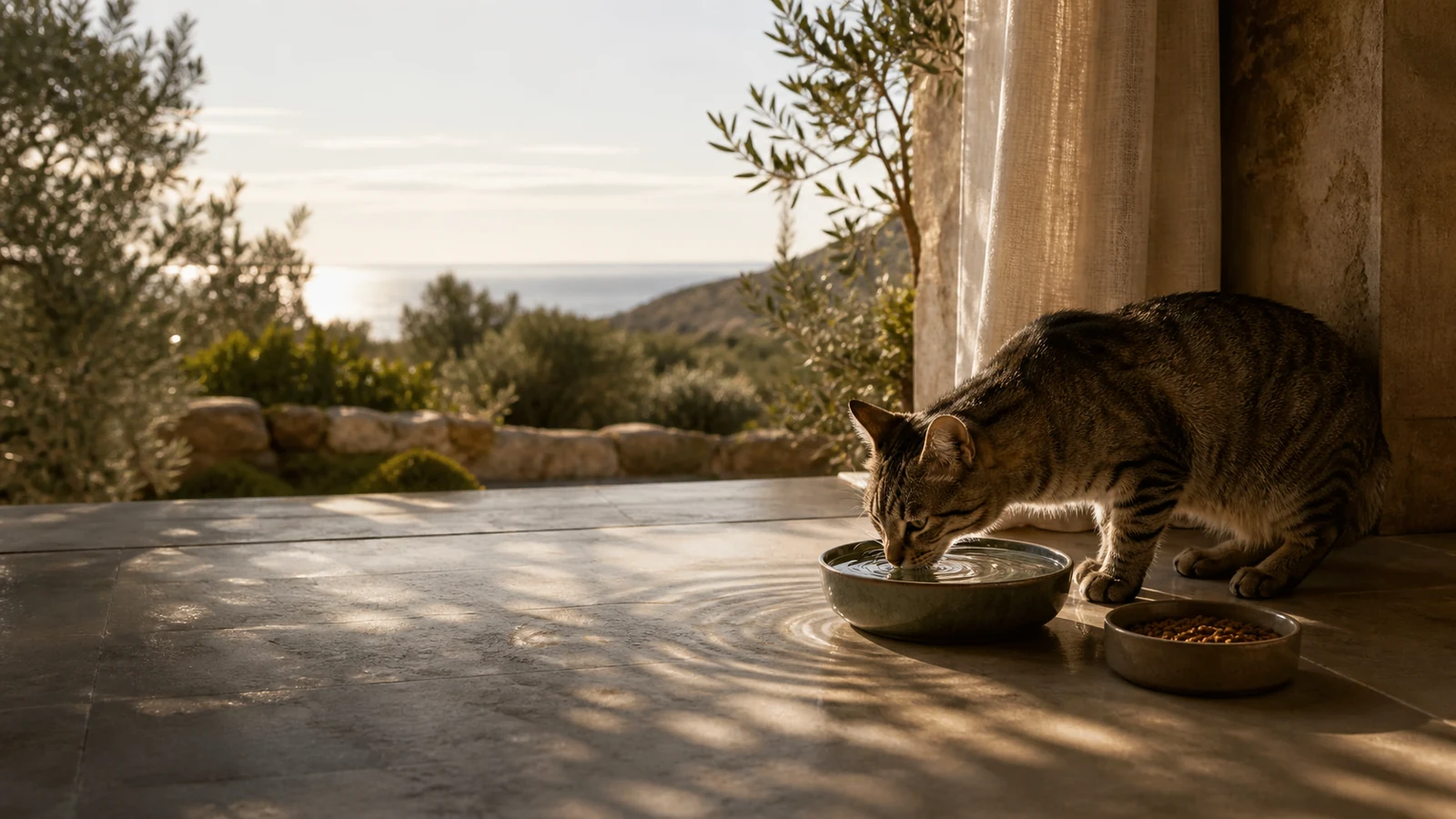 A cat drinking water in a sunlit Mediterranean home, symbolising feline wellbeing, hydration and renewal.