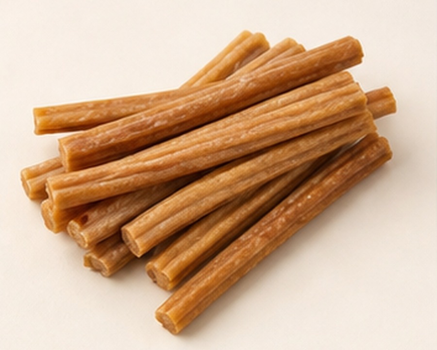 Real product photograph of dental chew sticks arranged for format assessment